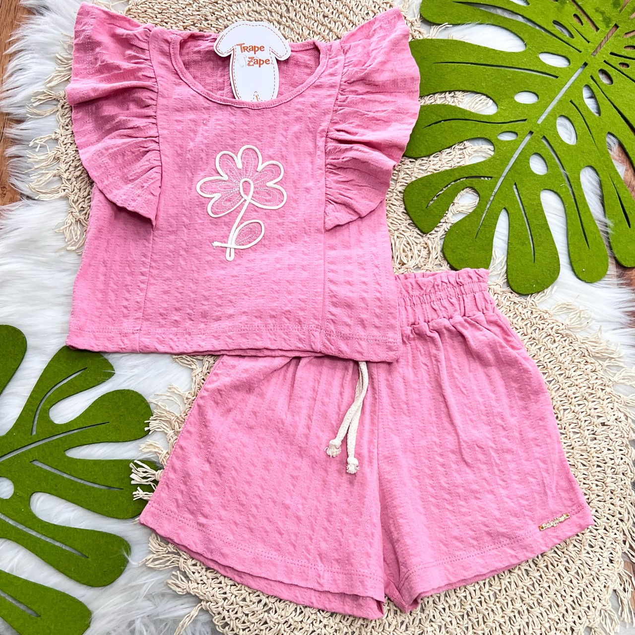 Conj. Blusa Flor de Crochê e Short - Rose